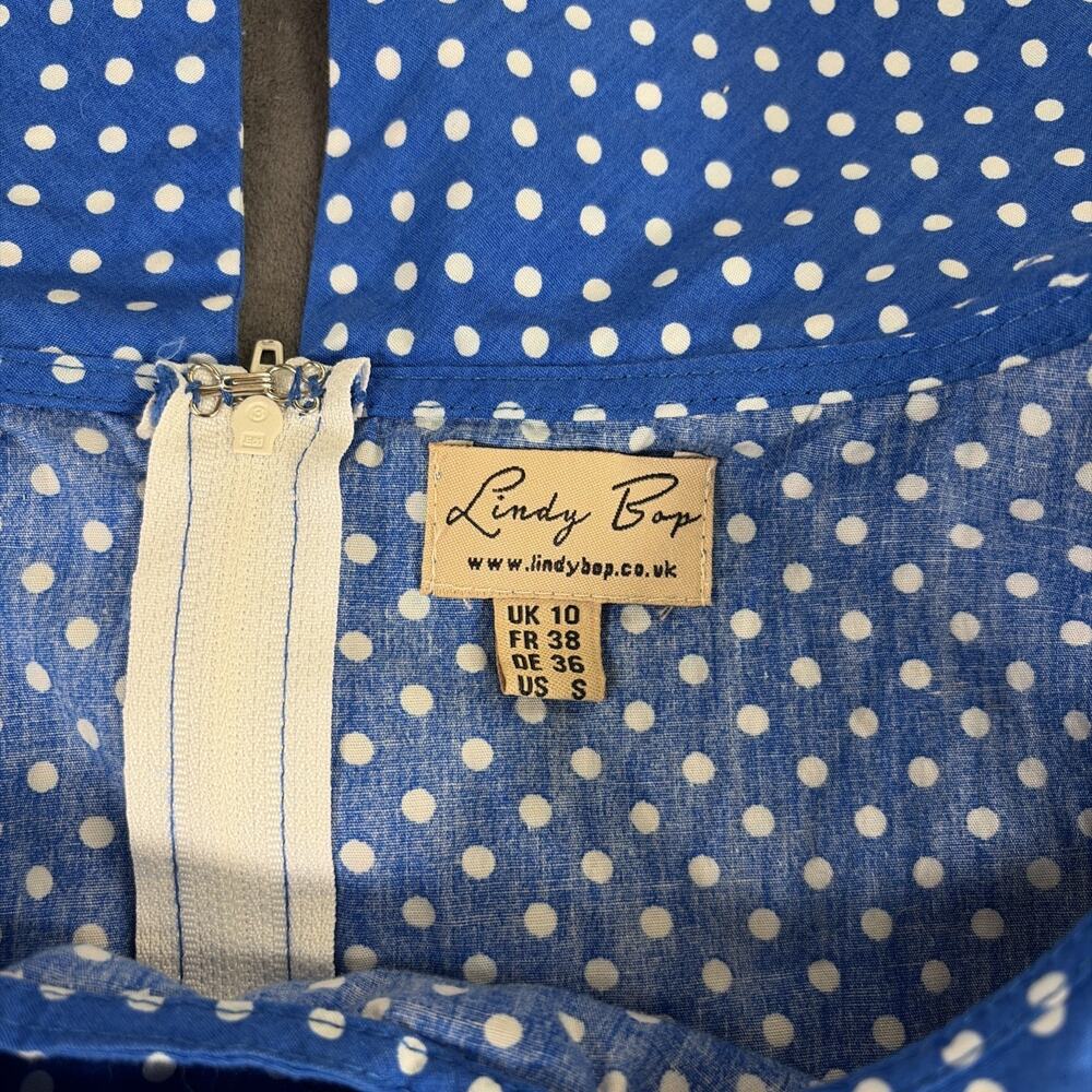 2) Lindy Bop Womens Fit N Flare Dress Small Blue & Red Polka Dots Rockabilly - Picture 9 of 11